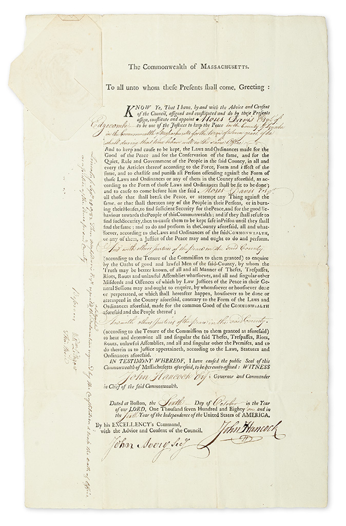 (AMERICAN REVOLUTION.) HANCOCK, JOHN. Partly-printed Document Signed, as Governor of Massachusetts, appointing Moses Davis